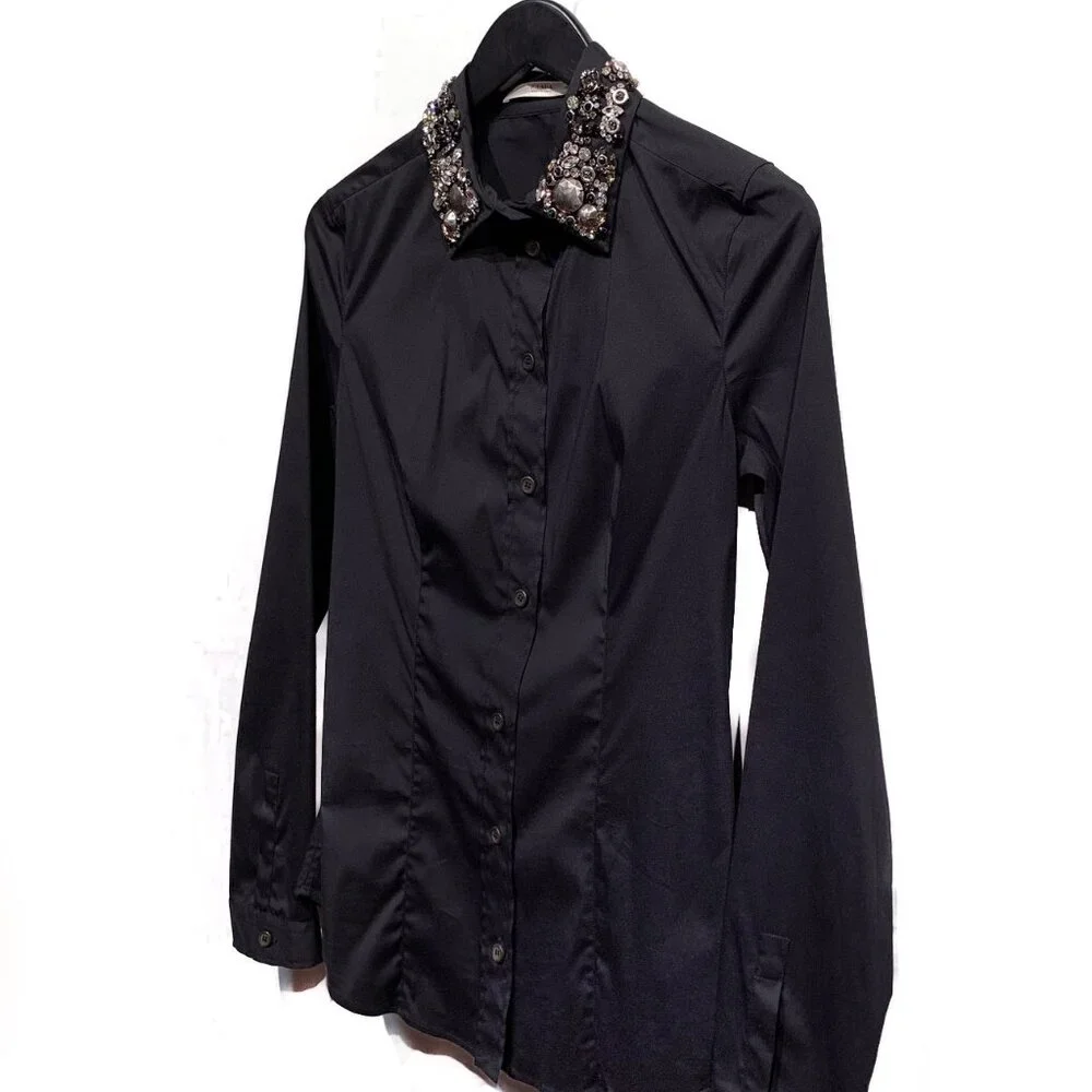 Prada Black Cotton Shirt with Crystals Embellished Collar - Picture 2 of 10